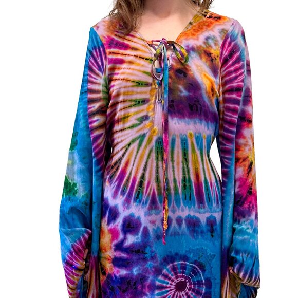 Tie Dye Hippie Wook Festival Bell Sleeve Psychedelic Priestess Mini Dress - Picture 3 of 8